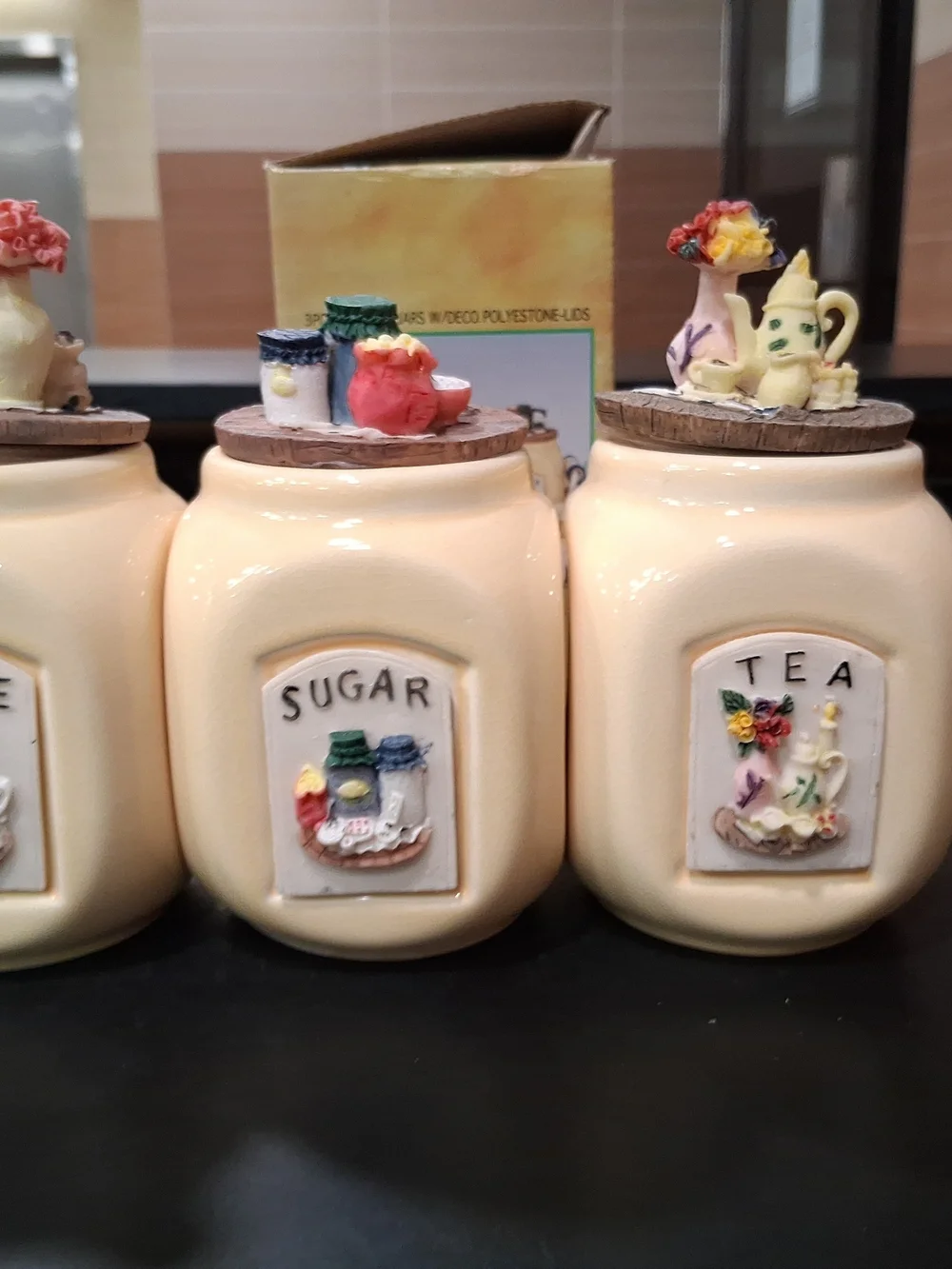 Cream Ceramic Sugar, Coffee & Tea Canister Set with Decorative Lids